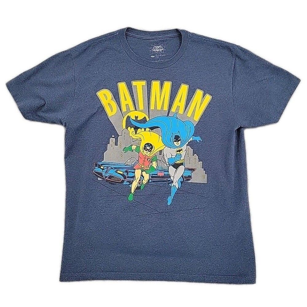 Batman Mens Shirt Size Large DC Comics Blue Heather Stretch Robin Bat Signal Car